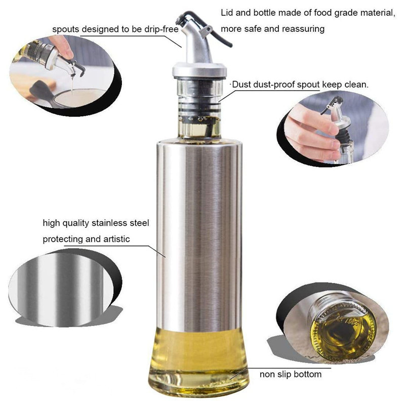 3 in 1 olivolja vinäger flaska rostfri behållare dispenser droppfri dubbla piper cruet flaska med tratt och munstycke