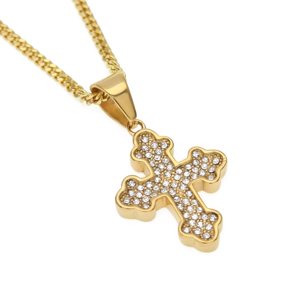 Hip Hop Stainless Steel Auspicious Cloud Corner Cross High Grade Ice Out Rhinestone Necklace Men Jewelry