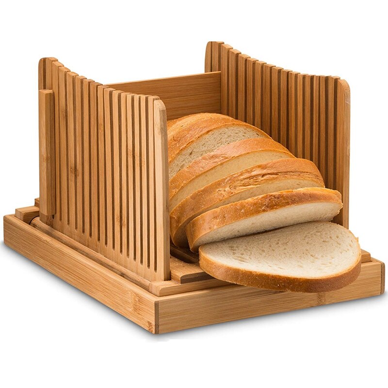Guía de corte de rebanadora de pan de bambú-cortador de pan de madera para pan casero, pasteles de pan, bolsas plegables y compactas con migas