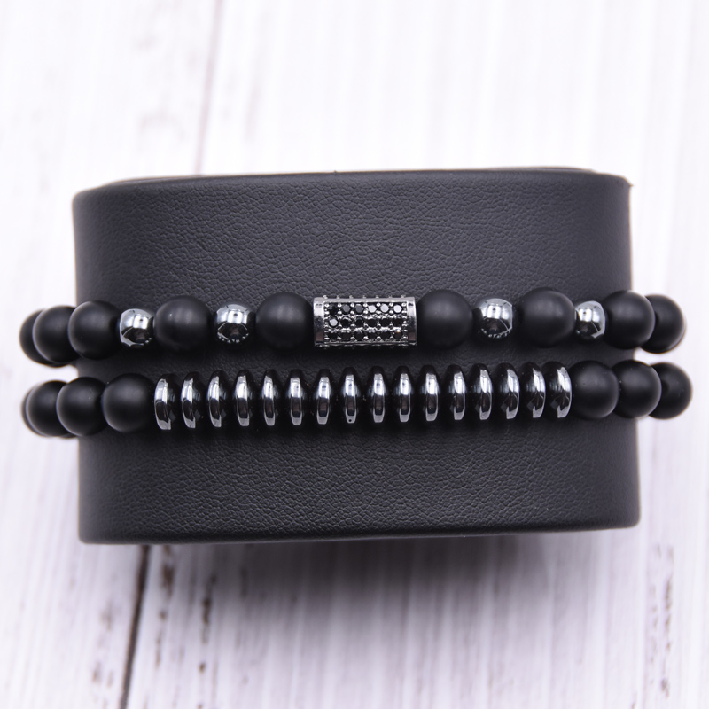 2 pçs/set Micro Pave CZ Longo praça Encantos Pulseiras para mulheres dos homens 8 milímetros Fosco contas de pedra Pulseira de homens jóias presentes
