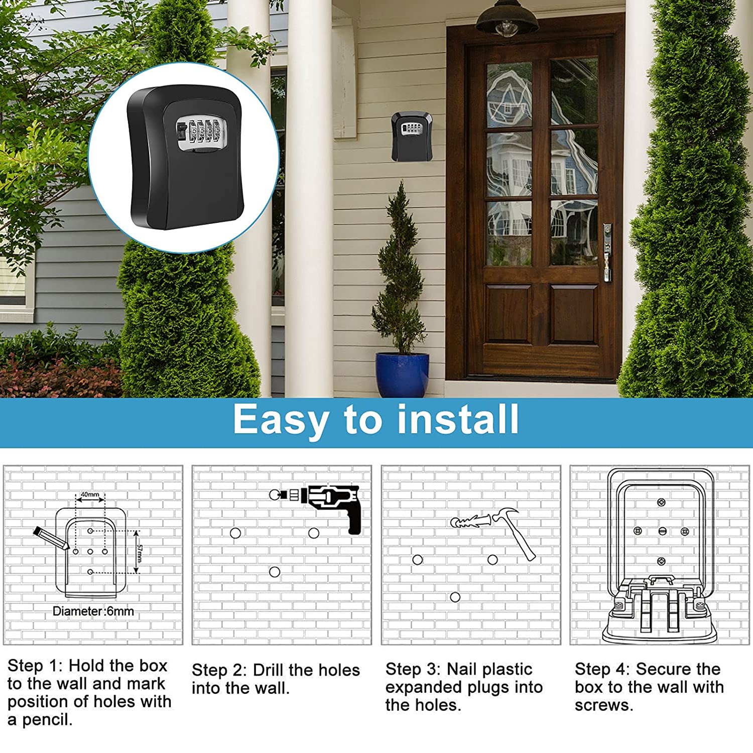 Wall Mounted Key Safe Box Mini Storage Keybox Key Storage Lock Box with 4 Digit Combination Waterproof Cover For Outdoor Use