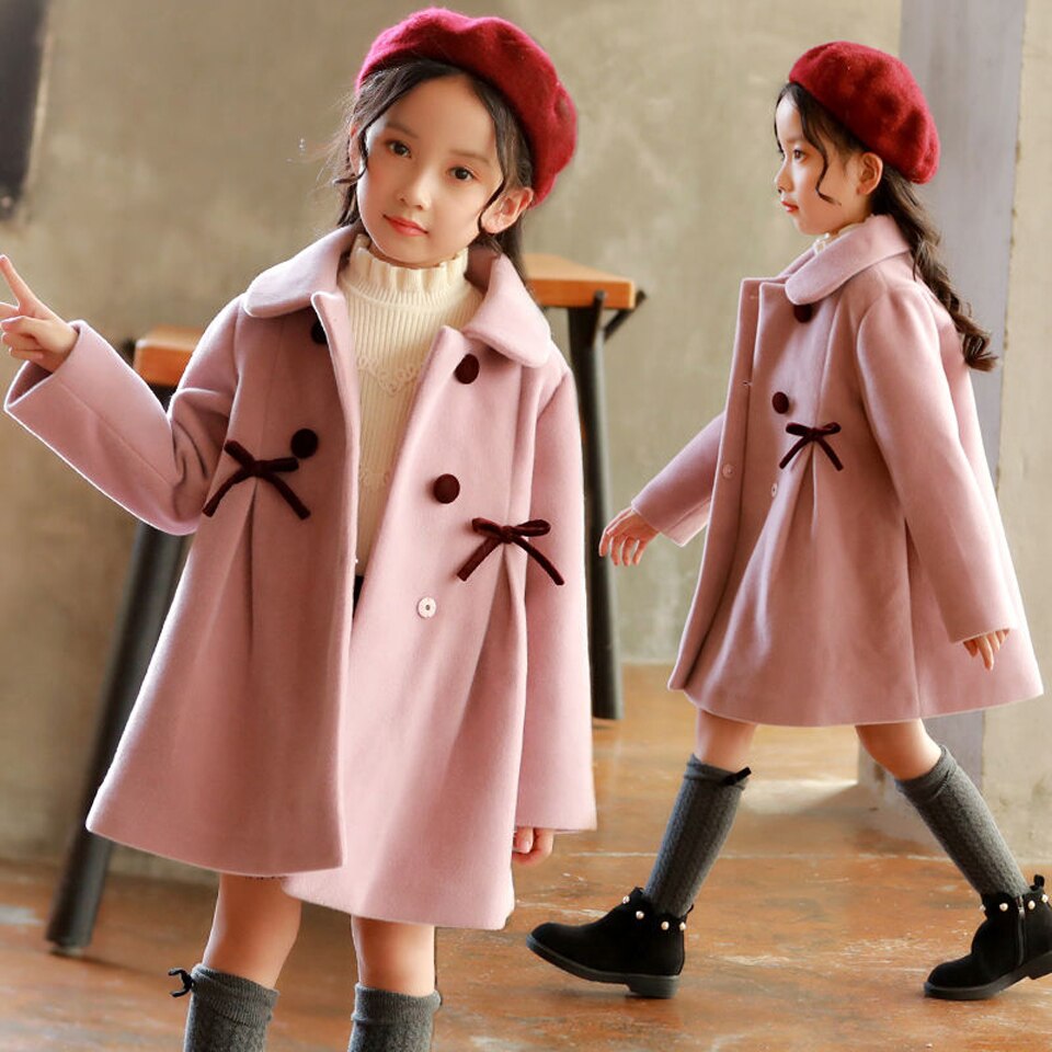 Woolen Coat For Girls Autumn Girls Jacket Bow Children's Clothes Christmas Pink Kids Outerwear Winter Girl Clothes 6 8 12 Year