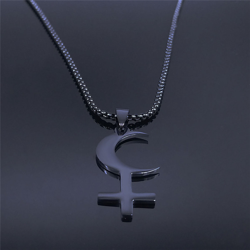 Lilith-collar con Cruz invertida de media luna, collares con signo de símbolo astrológico de acero inoxidable, joyería de Satán, cruz invertida N3776