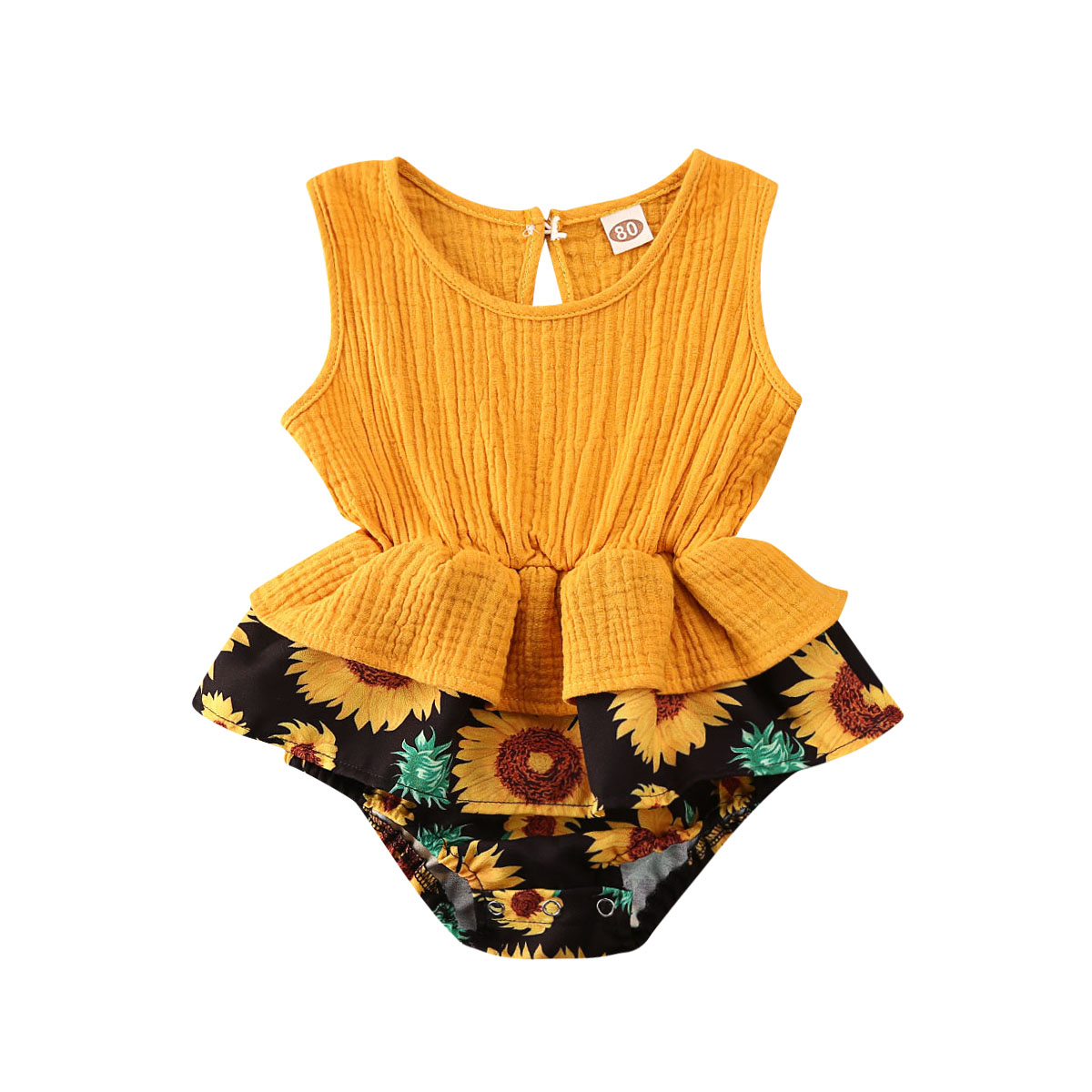 Baby peuter baby meisjes ruches jumpsuit 0-24m mouwloze bloemen print bodysuit zonnepak outfit kleding: Geel / 24m