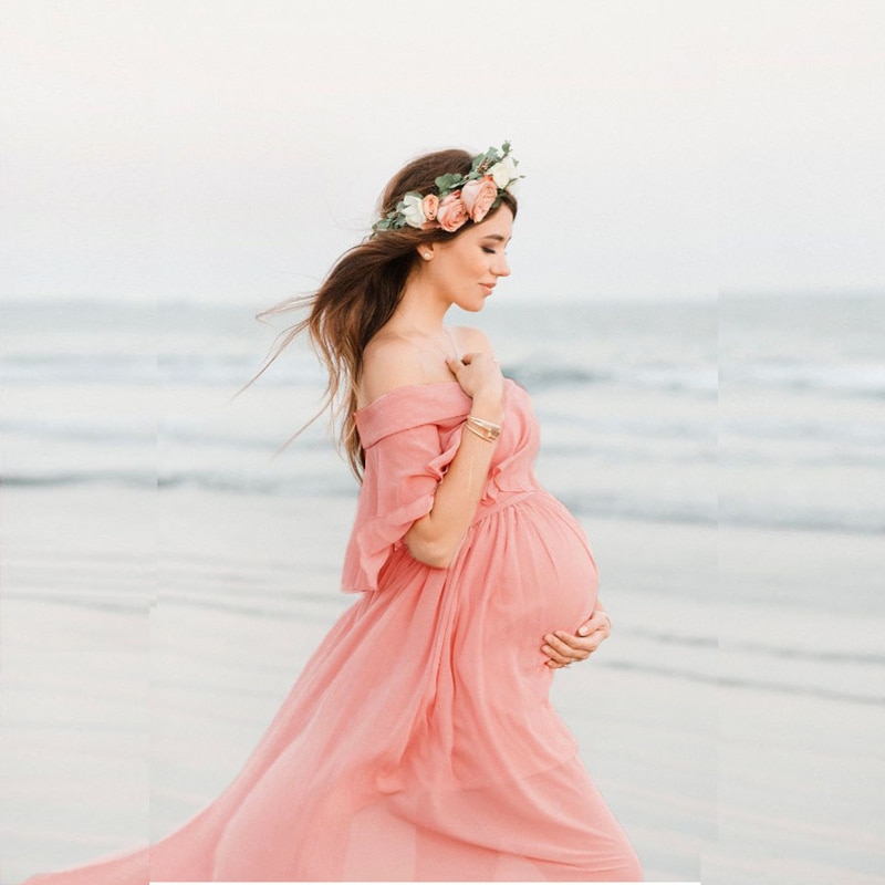 Sommer baby shower lange kjoler slash hals barsel fotoshoot chiffon kjoler gravide kvinder kjoler