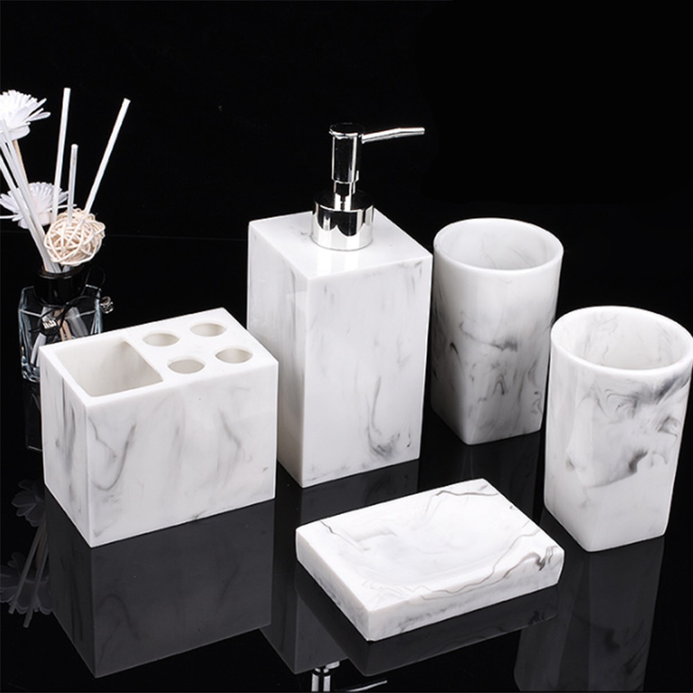 5pcs Resin Bathroom Accessories Set Bathroom Set Marble Texture Toothbrush Holder Liquid Soap Dispenser Soap Dish Tumblers