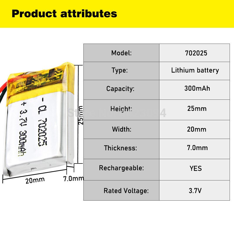 3.7v 300 mah li-ion batteri 702025 lithium polymer genopladeligt batteri til  mp3 mp4 bluetooth headset led let legetøjstænder
