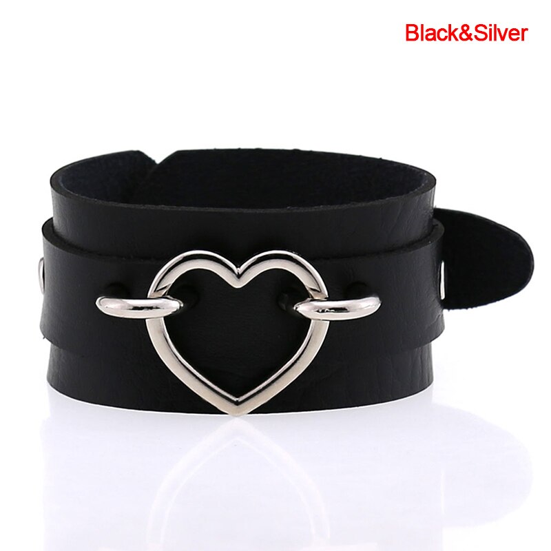 Punk Heart Bracelet Black Leather Wristband Cuff Goth Armbands Bracelets Women Men Metal Jewelry: black silver