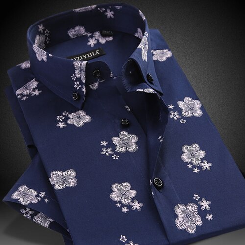 Men's Summer Thin Short Sleeve Floral Printed Shirts Comfortable Button-down Collar Standard-fit Casual Blouse Tops Shirt: Navy Blue / 41