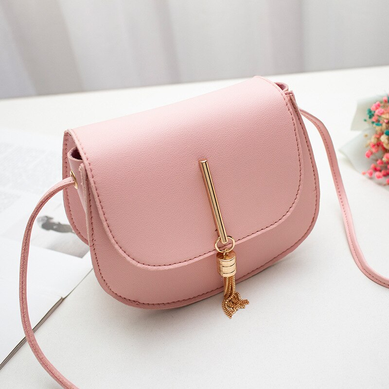 femenina, bolsas de mensajero de hombro con cierre liso de piel sintética, Mini bolso de mano con flecos, borlas y concha, , nueva: pink