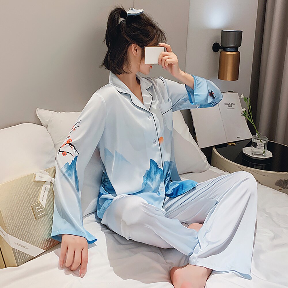 ChunShang Pajamas Women Ice Silk Long-Sleeved Two-Piece Cardigan Korean Style Simple Summer Home Service