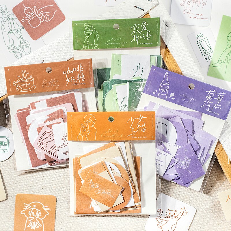 Yoofun 42pcs Kawaii Aesthetic Arts Sticker Unrepeated Patterns Cute Decor Paper for Collage Junk Journals DIY Stationery