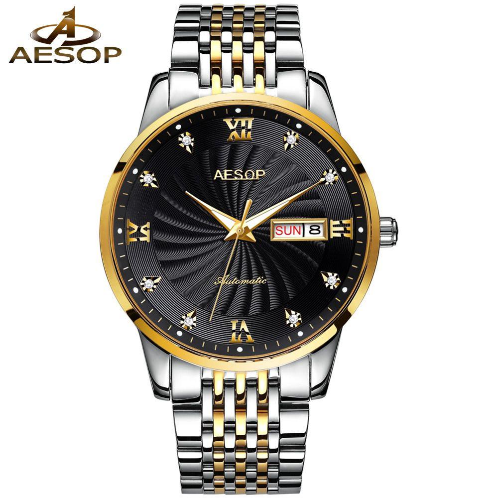 Aesop Brand Automatische Mechanische Horloge Heren Rvs Classic Horloge Mannelijke Klok Relogio Masculino Hodinky Saati