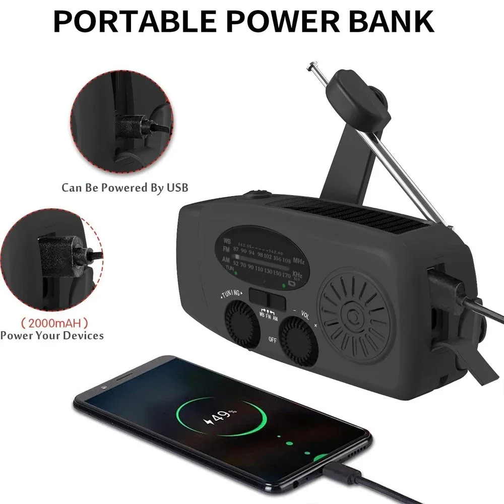 Radio di emergenza a manovella solare USB (FM/ AM/ NOAA) WB Weather Radio con torcia elettrica Power Bank Radio nere Portatil Am Fm