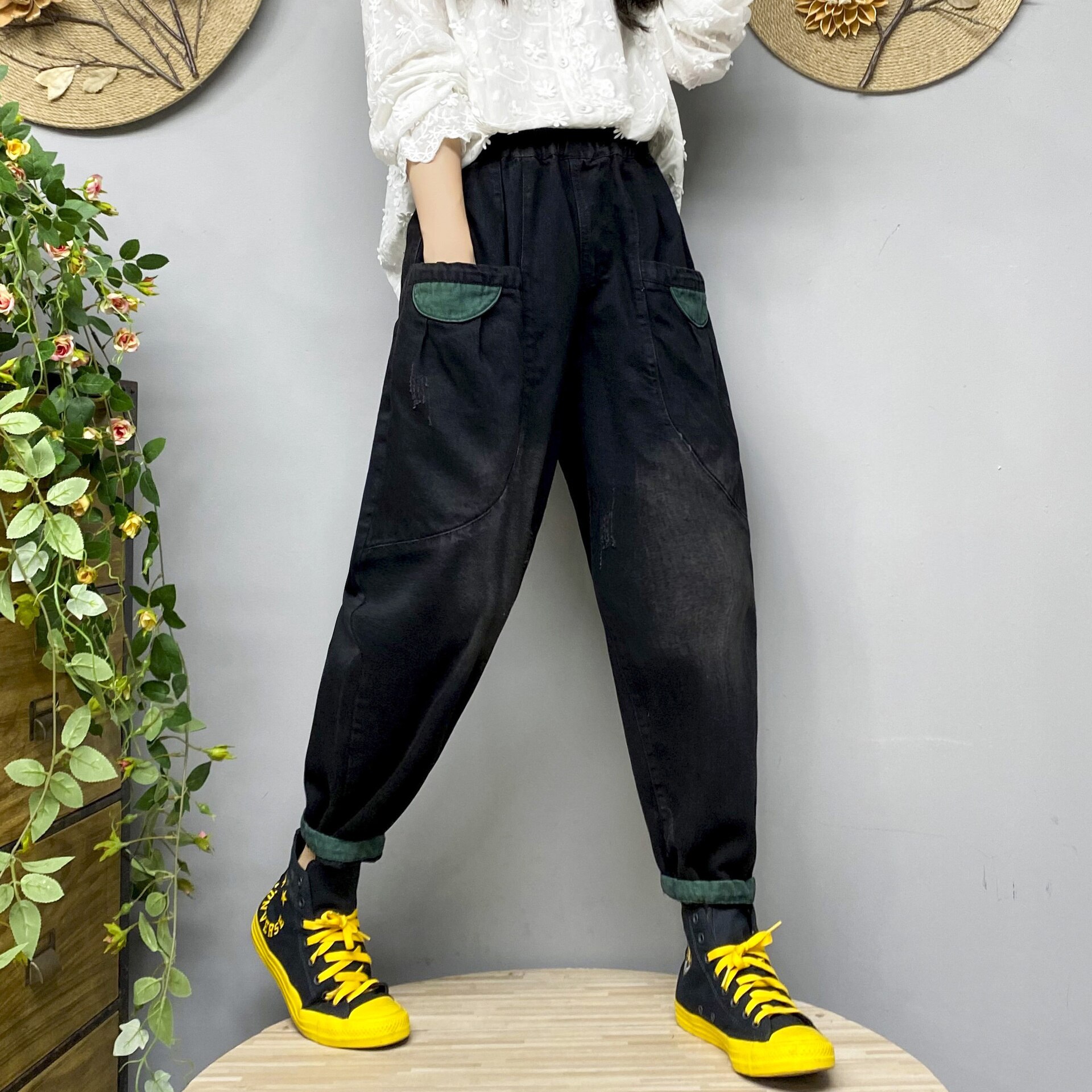 Ropa de otoño e invierno para mujer, pantalones vaqueros holgados informales con cintura elástica, Color de contraste lavado que se pega a la ropa, longitud Claf