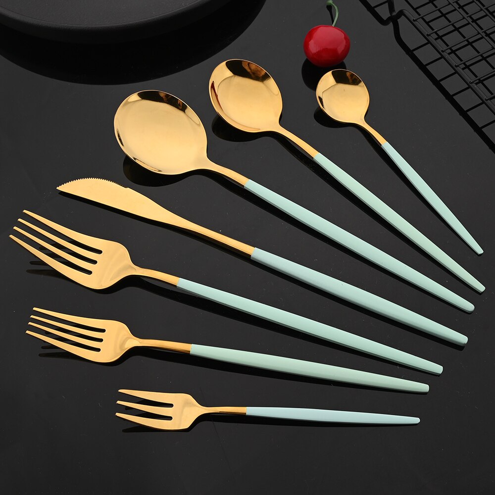 Mint Gold Tableware Cutlery Set Mirror Stainless Steel Dinnerware Dessert Knife Fork Ice Spoon Flatware Set Dinner Silverware