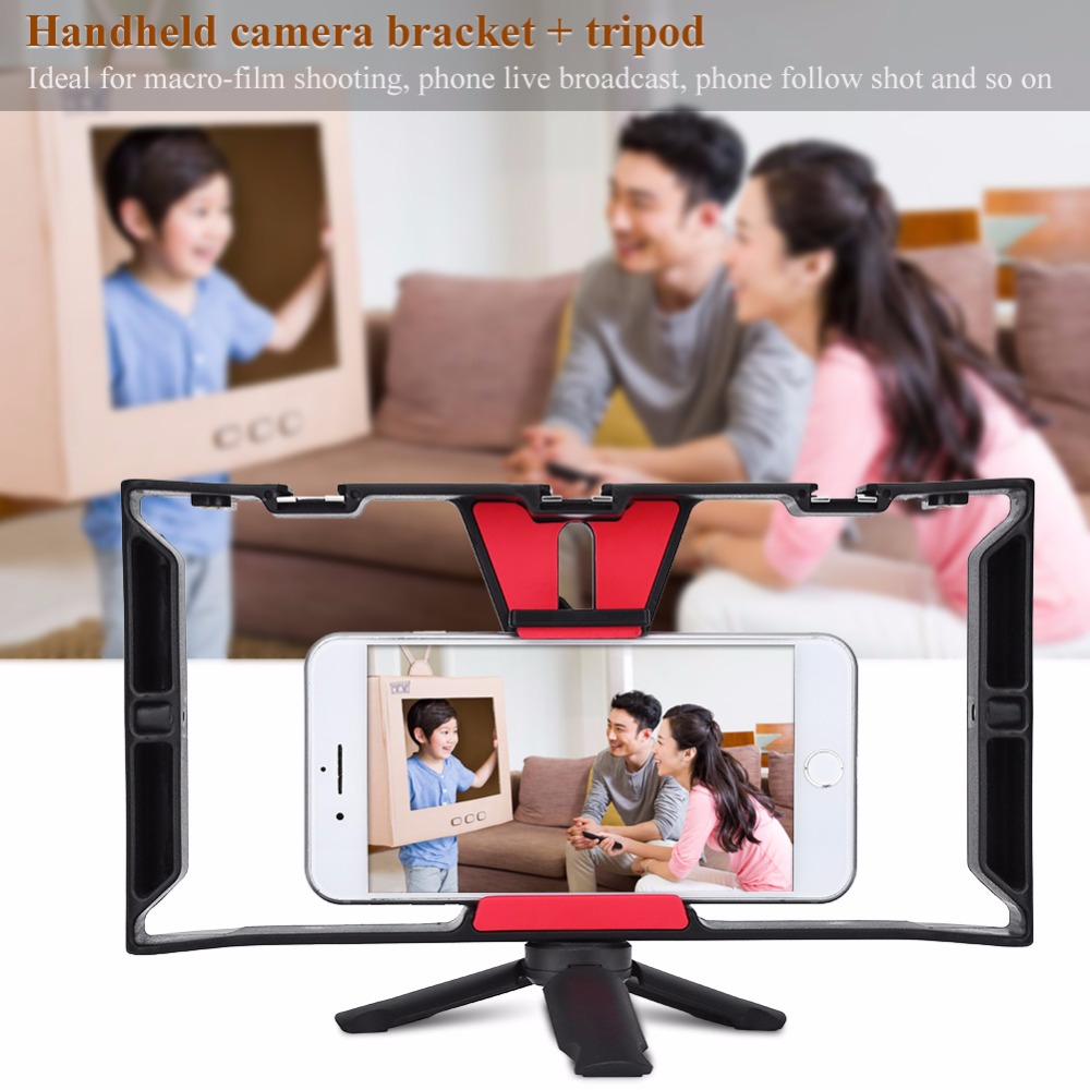 Dual Hanlde Adjustable Handheld Phone Stabilizer Smartphone Video Rig Filmmaking Case with 1/4" Screw Cold Shoe Mount Tripod