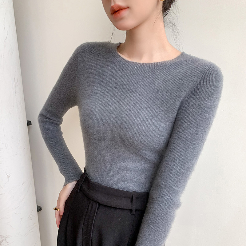 Suéter de malha com nervuras de manga comprida feminina, gola redonda, pulôver fino, tops de luxo, roupa coreana, moda: XXL / CINZA