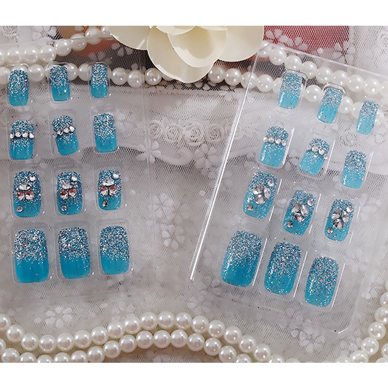 Mode Vrouwen Nail Arts 24 Pcs Blauw Nep Nagels Shining Glitter Grote Strass Acryl Volledige Nail Tips Faux Ongles lange Nagels