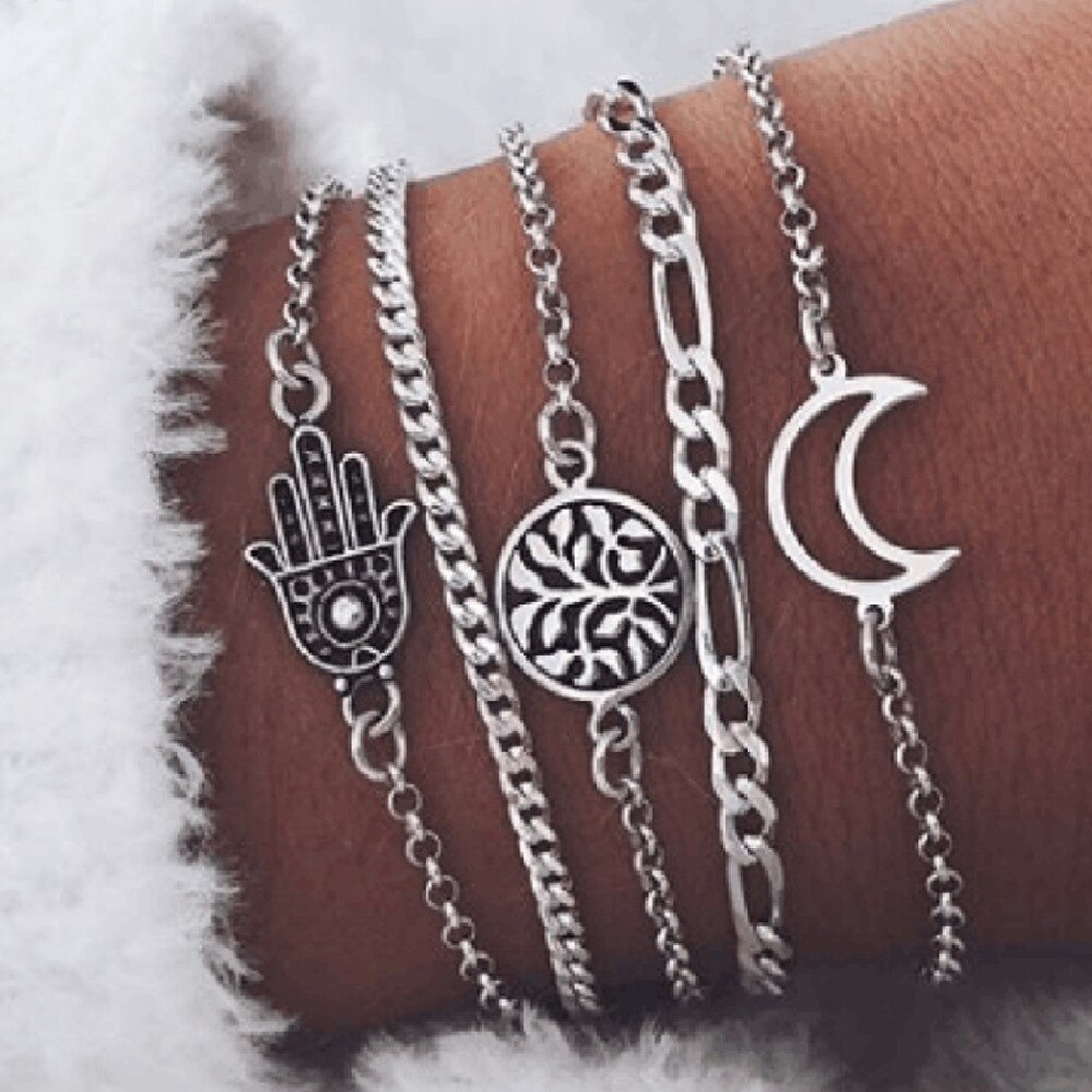 Boho creativo del braccialetto etnico a mano luna perla di figura della luna di braccialetti di fascino impostato gli amanti del regalo di lusso della boemia accessori Da Viaggio