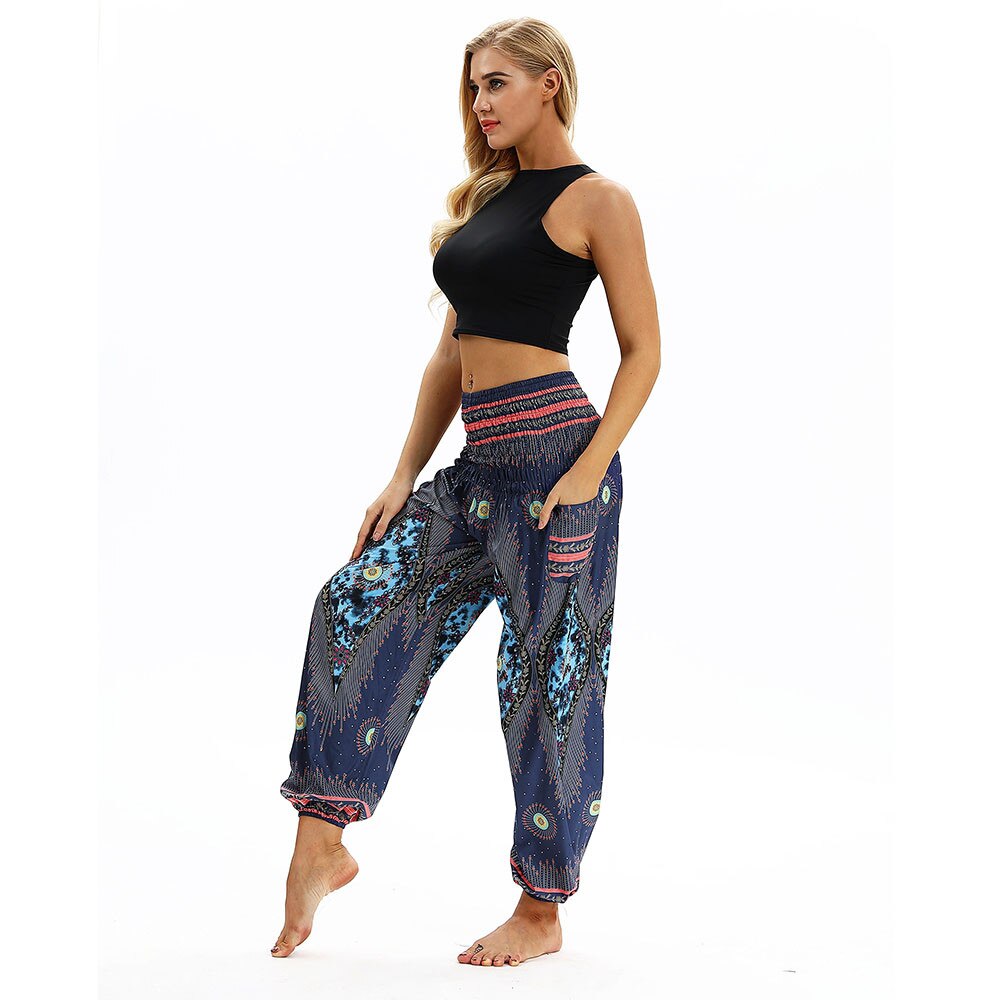 Heren dames losse harembroek dames heren bohemien casual print hippie lange broeken wijde pijpen zomer baggy broek #40: Marine
