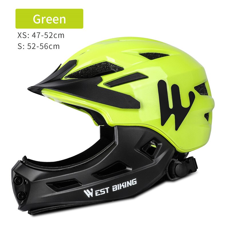 Casco WEST BIKING chico protección de cara completa montaña MTB Casco de bicicleta de carretera desmontable niños deportes casco de seguridad ciclismo: Green / S 52-56cm