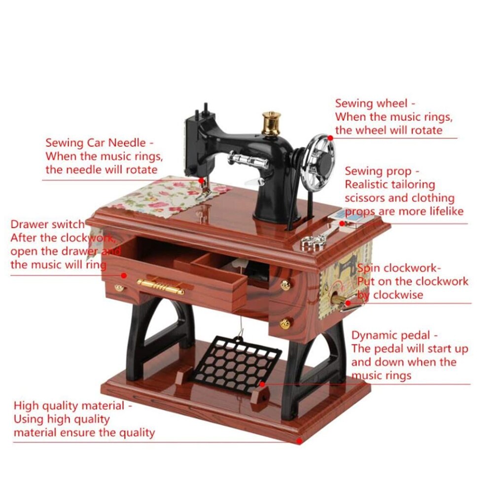 Mini Sewing Machine Music Box European Crafts Retro Toy Sewing Clockwork Home Crafts Decoration Birthday