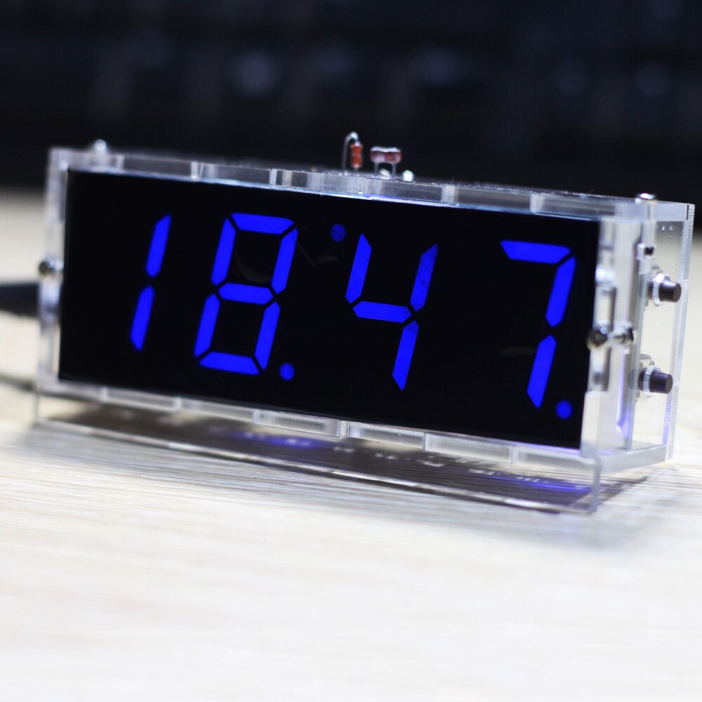 Compact 4-digit DIY Alarm Clock DIY Digital LED Clock Kit Light Control Temperature Date Time Display with Transparent USB Clock: Blue