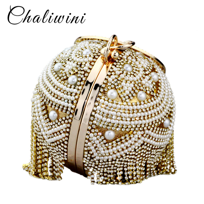 Chaliwini Kwastje Golden Lady Schouder Parel Kralen Ronde Bal Bruiloft Tas Vrouwen Avond Bridal Kristal Knucklebox Clutch Handtas