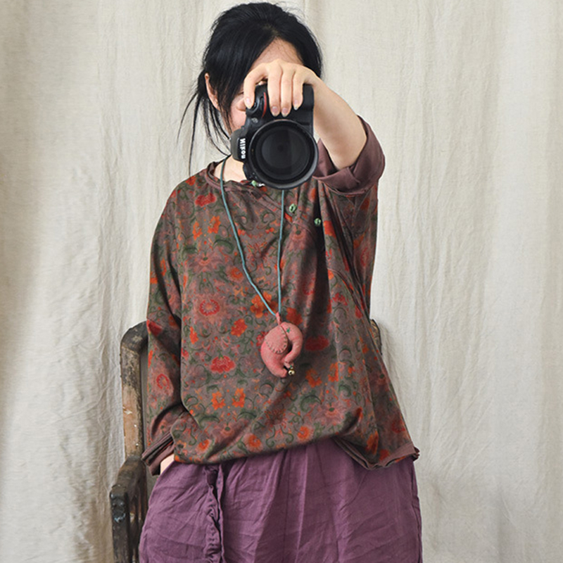 Kinesiske damet-shirts med lange ærmer i bomuld og hør, forårsprint, løse, afslappede toppe til kvinder, t-shirts  m965