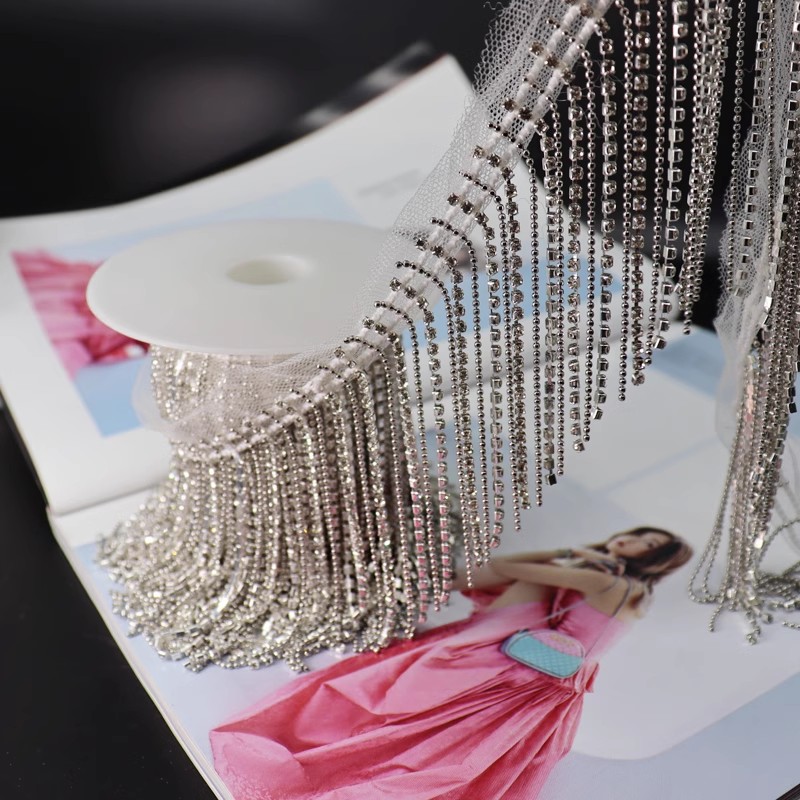 0.5m sølvgrå frynsede metallkjeder krystallperler blonder håndlaget duskkant gjør-det-selv jeans vesker sko og hatter dekorasjon anheng