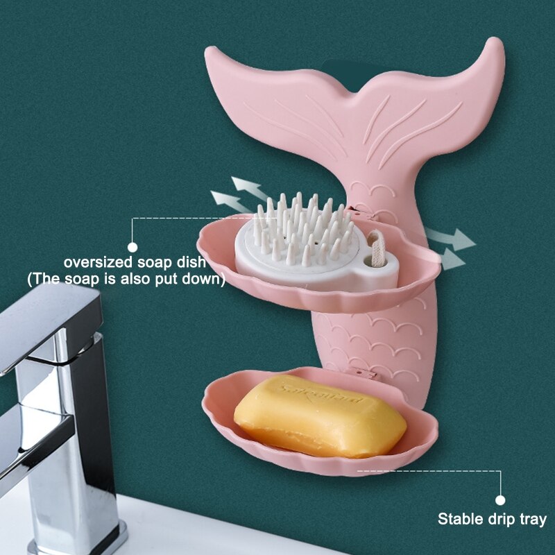 Double Layer Soap Rack Bathroom Soap Dish Wall Mounted Soap Container Fish Shaped Sponge Holder Wall Draining Shelf