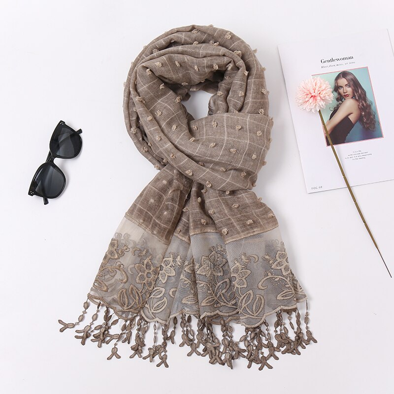 plaine Pom coton écharpe Plaid gland dentelle brodé coton foulards femmes musulman Hijab étoles femme bandeau à fleurs 1PC: 6