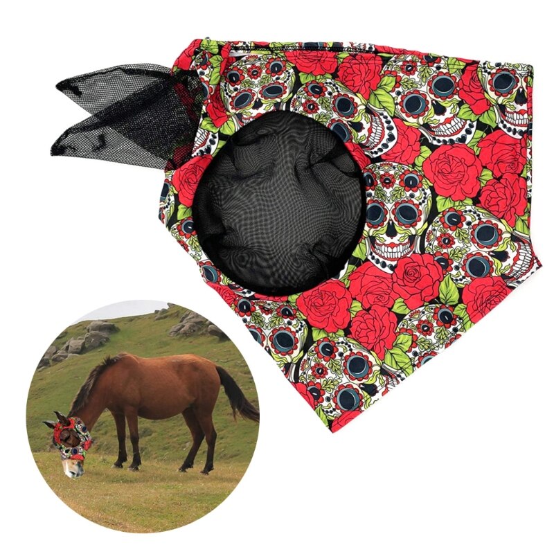 Skull Rose Print Horse Fly Mask with Ears Comfort Fit Horses Face Protection from Insect Bites Summer Breathable Fine Mesh