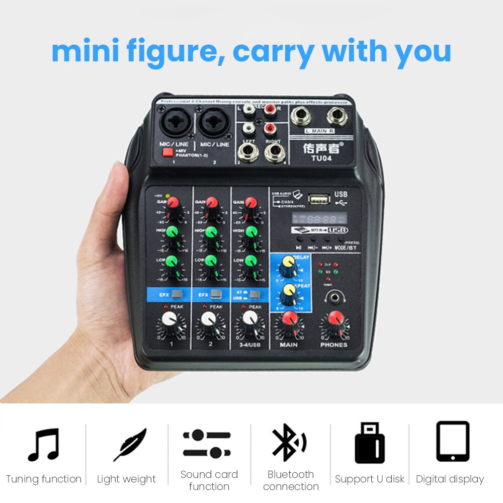 EU/US Plug studio 4 Channels Mixer Audio Interface USB Bluetooth Sound Mixing Console 48V Phantom Power Sound Card