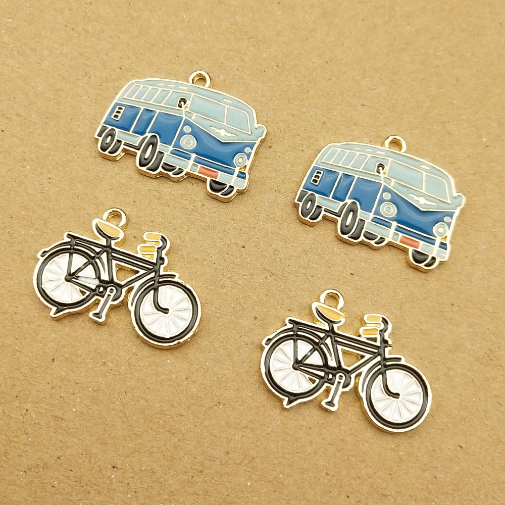 10Pcs Bus En Fiets Enamel Charm Voor Sieraden Maken Leuke Oorbel Hanger Armband Ketting Charms