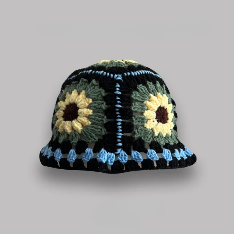 INS Korea Handmade Crochet Bucket Hats for Women Y2k Vintage Summer Beach Hat Flower Hollow Knitted Bob Sombreros Bonnet Caps: GRAY