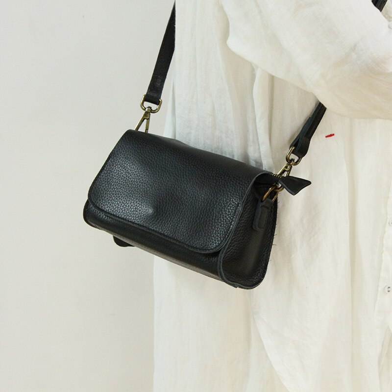 small bag small square bag versatile flip single shoulder slant across the top layer of leather retro women's bag: black