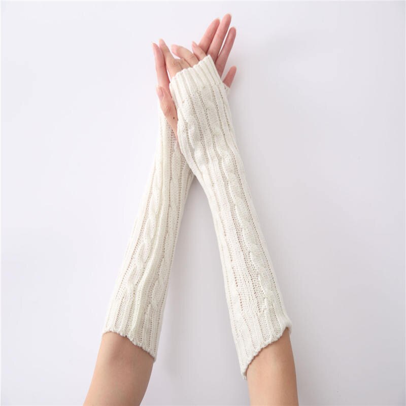 Guantes de punto para mujer, Manoplas sin dedos para otoño e invierno, mangas, muñeca, calentador de manos, rombo, largo, medio invierno, 1 par: Blanco