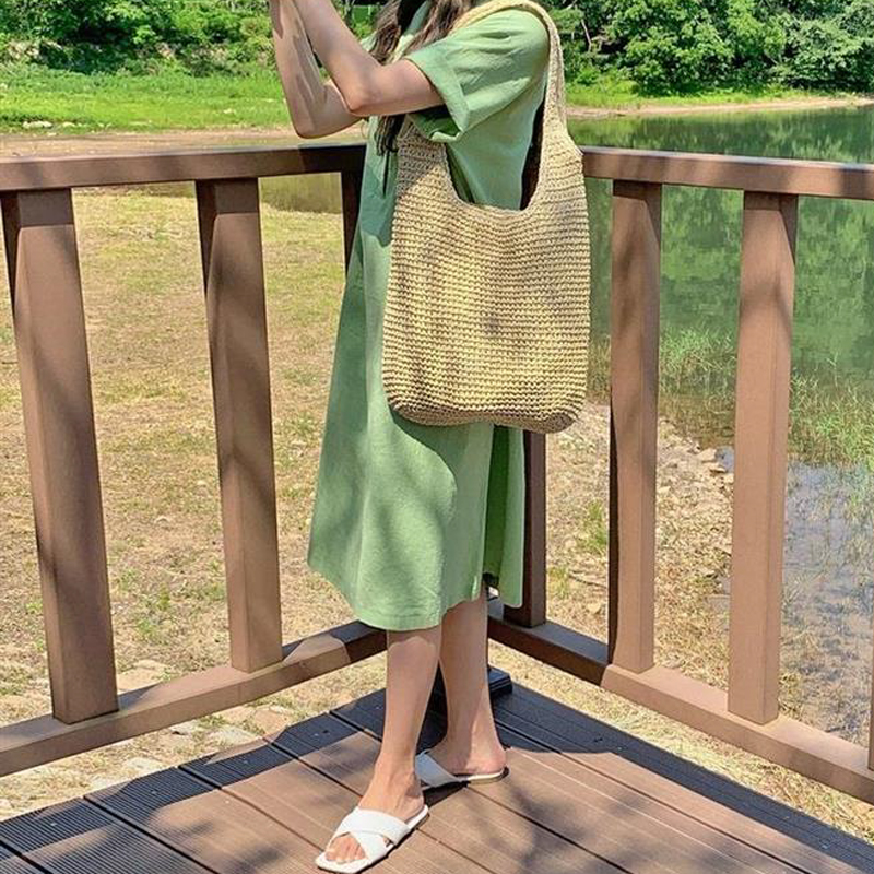 Summer Hand-woven Bag Shoulder Portable Straw Handbag for Women Beach Handbags Totes Travel Large Capacity Clutch