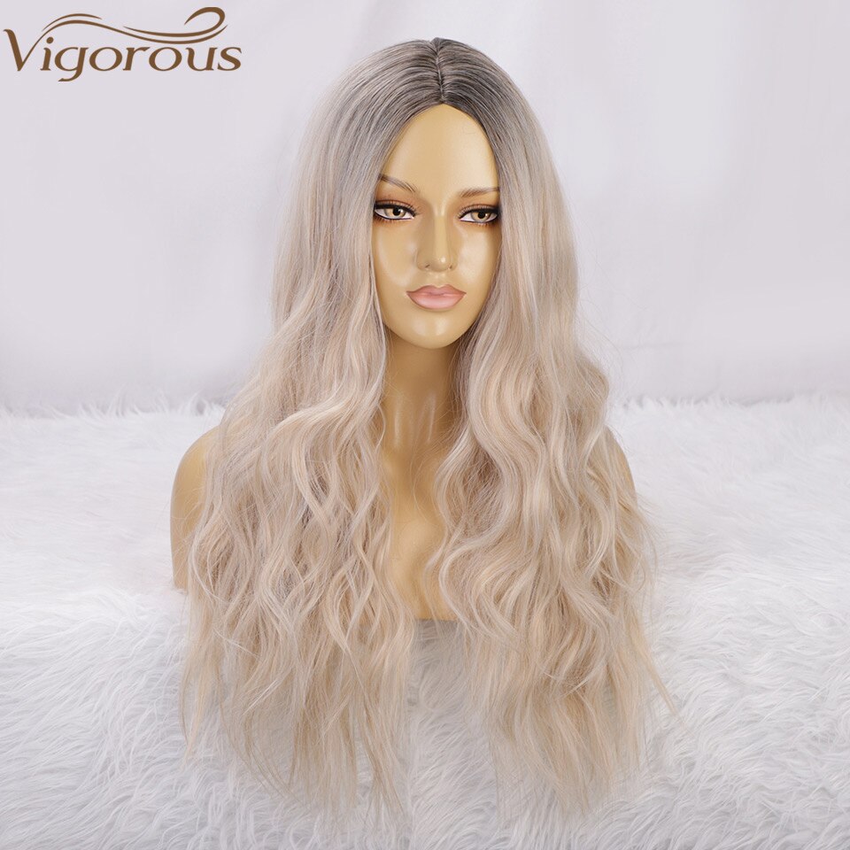 Krachtige Lange Golvende Pruiken Ombre Platina Blon Natuurlijke Haar Deel Synthetische Pruiken Voor Vrouwen Lijmloze Cosplay Hittebestendige Party Pruik