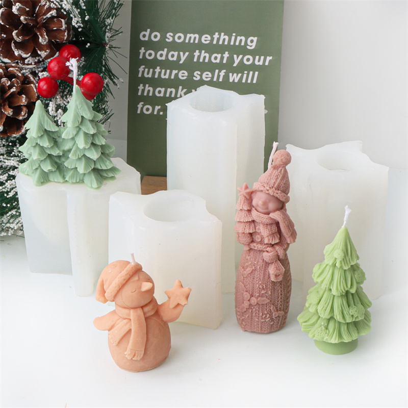 Stampi per candele natalizie in silicone Pupazzo di neve con albero di Natale Stella Pupazzo di neve Sciarpa Stampo natalizio ornato con fiocco di neve natalizio fai-da-te