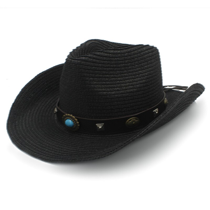 Men Straw Western Cowboy Hat Roll Up Brim Gentleman Sombrero Hombre Jazz Hat: Black