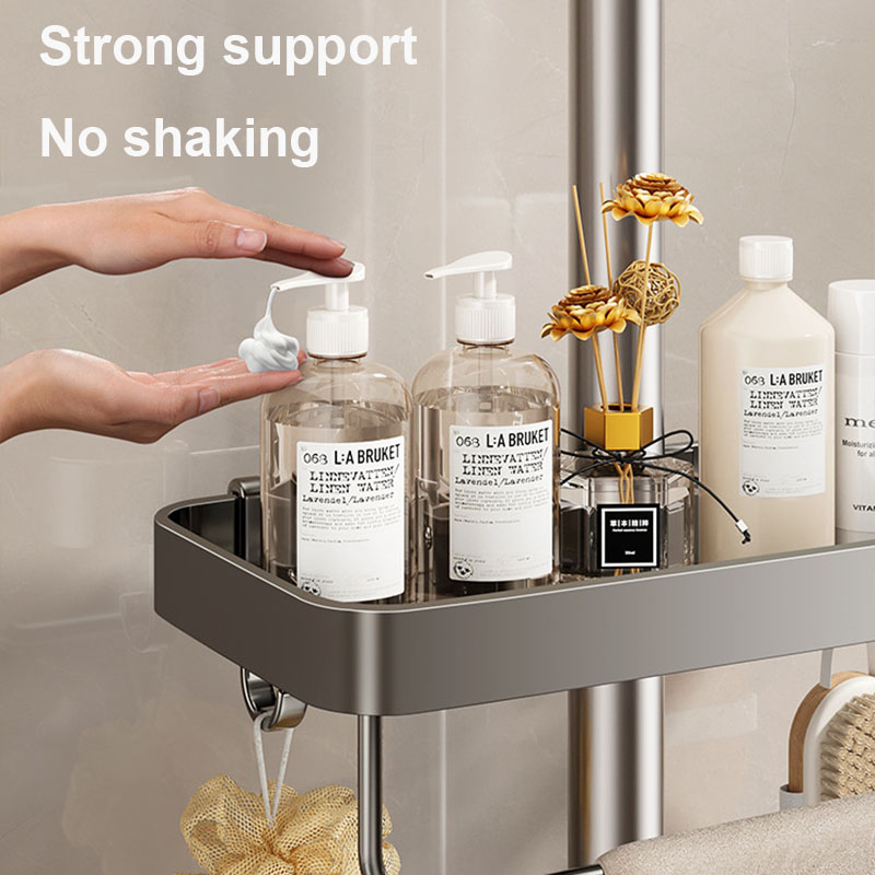 Rack de armazenamento para chuveiro de banheiro, haste de elevação, gel de banho, shampoo, organizador sem perfuração, suporte de liga de alumínio com ganchos