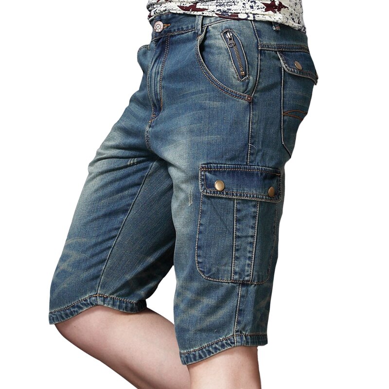 Sommer denim cargo shorts til mænd lynlåse flere store lommer lige bomuld casual jeans shorts korte cargo jeans