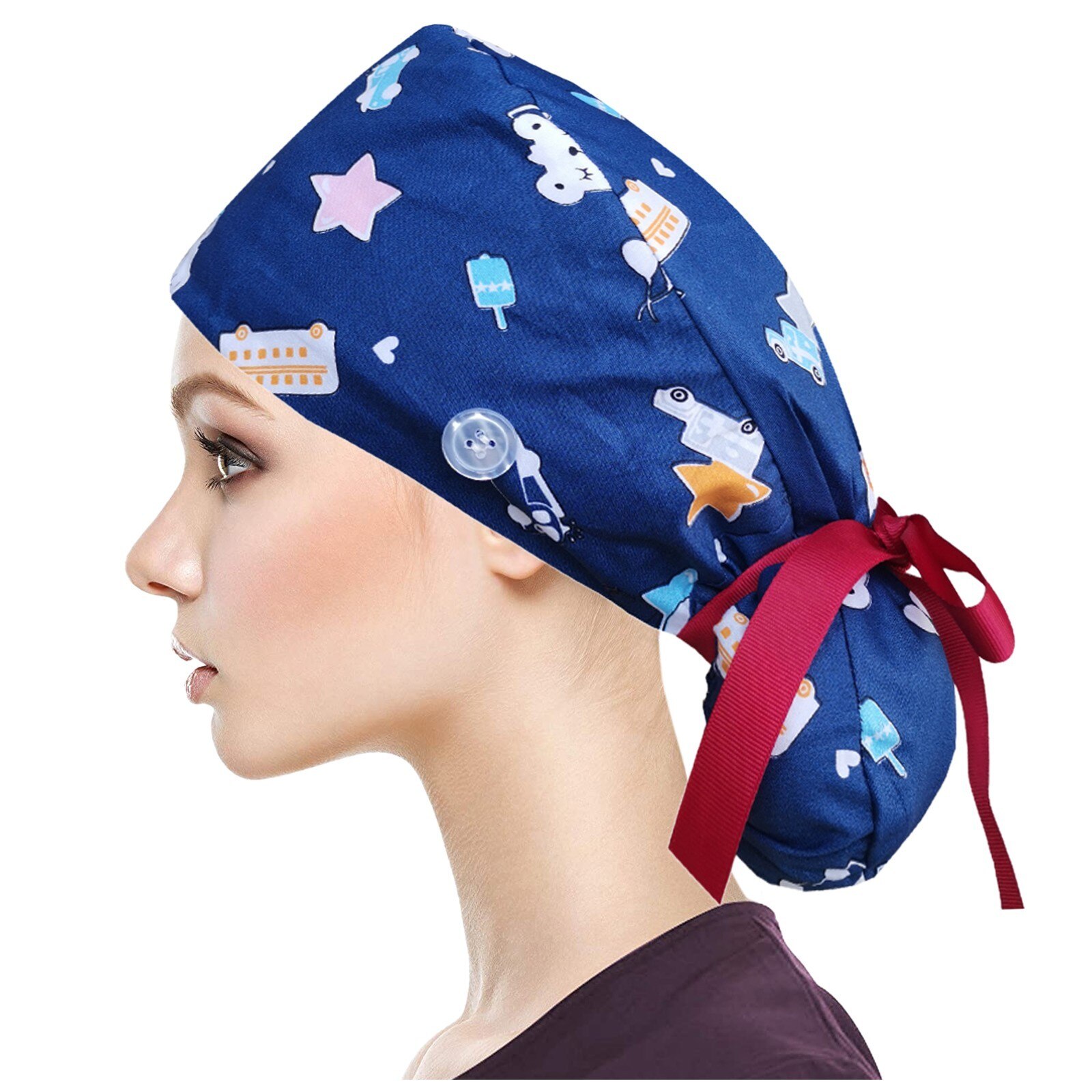 25# 3PC Unisex Adjustable Working Nursing Cap gorro quirófano Button Long Hair Sweatband Hat nurse Cap Cartoon print Gourd hat: O