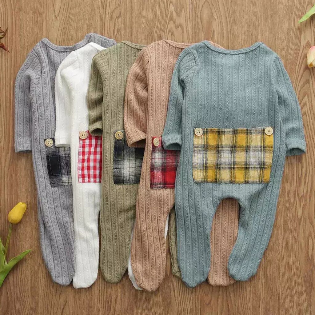 Winter Baby Baby Kleding Pasgeboren Baby Jongens Meisjes Kleding Jumpsuit Solid Trui Splice Plaid Warm Binden Voeten Romper Kleding