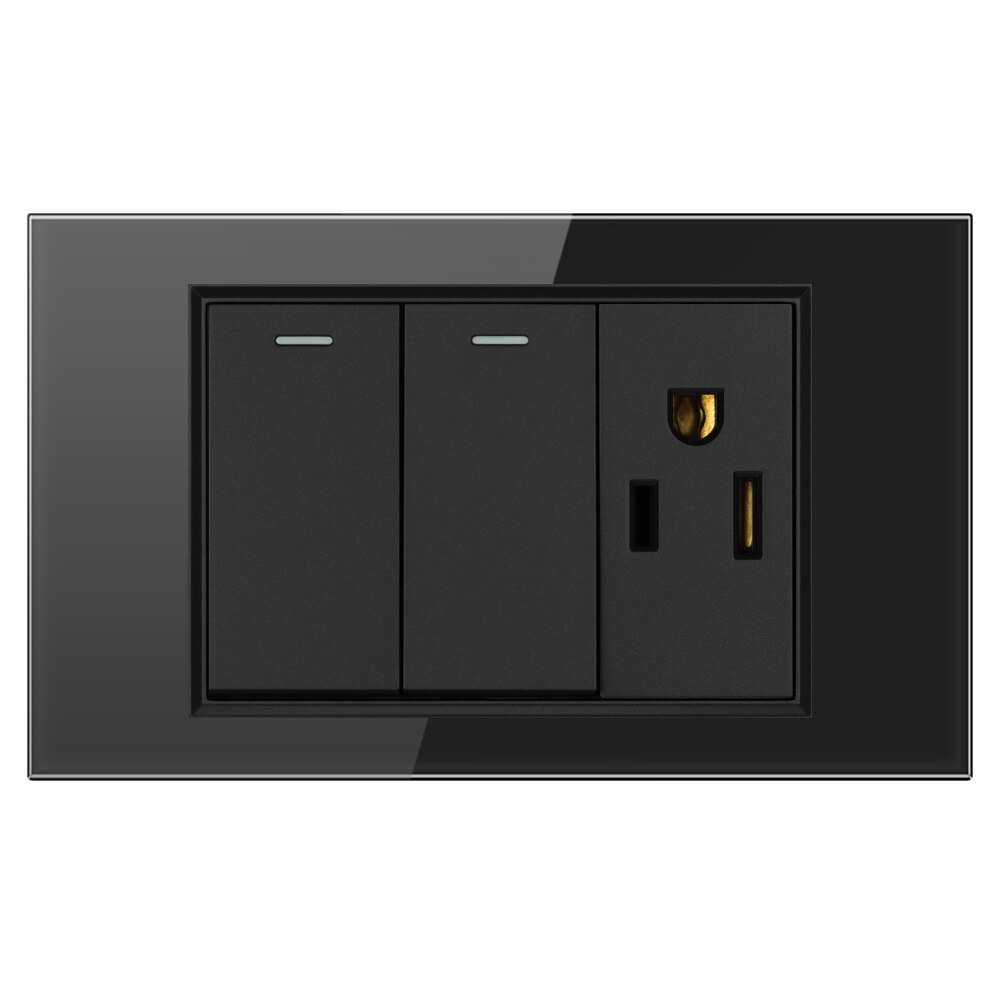 Power Wall Socket Light Switch Double 1/2 Pole Glass Panel Outlets Plate US Modular Mounted Home Office Electrical Appliances