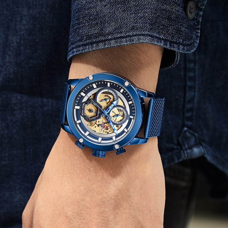 Naviforce Mannen Horloge Blue Skeleton Dial Lichtgevende Heren Horloges Luxe Quartz Horloge Mannen Luxe Horloges