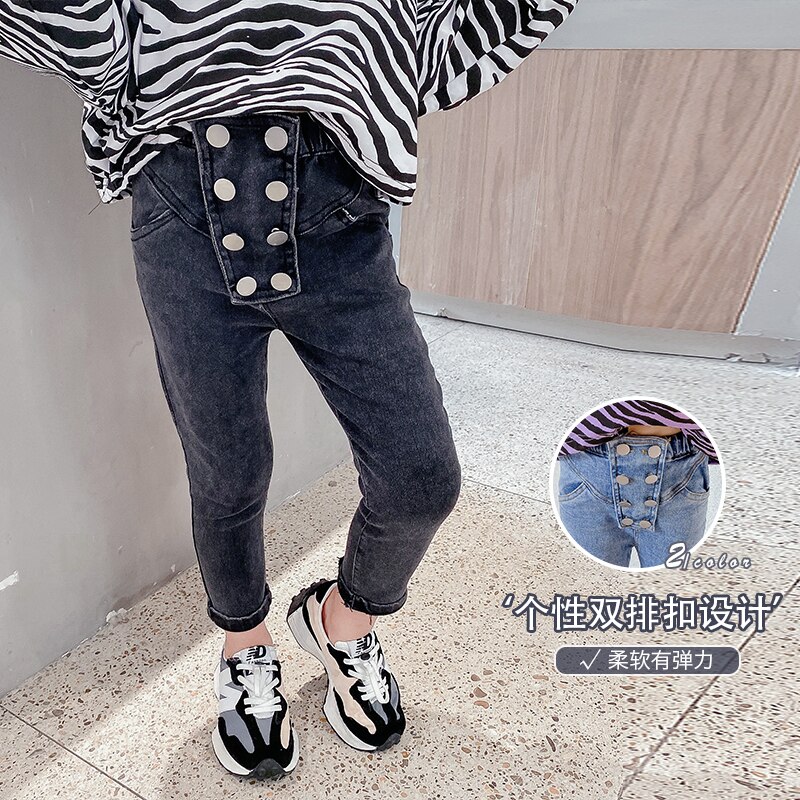 Skinny jeans för tjejer denim barn trasiga jeans för storlek 2 3 4 5 7 år knapp casual jeans solida barn tjejer jeans: Svart / 24m